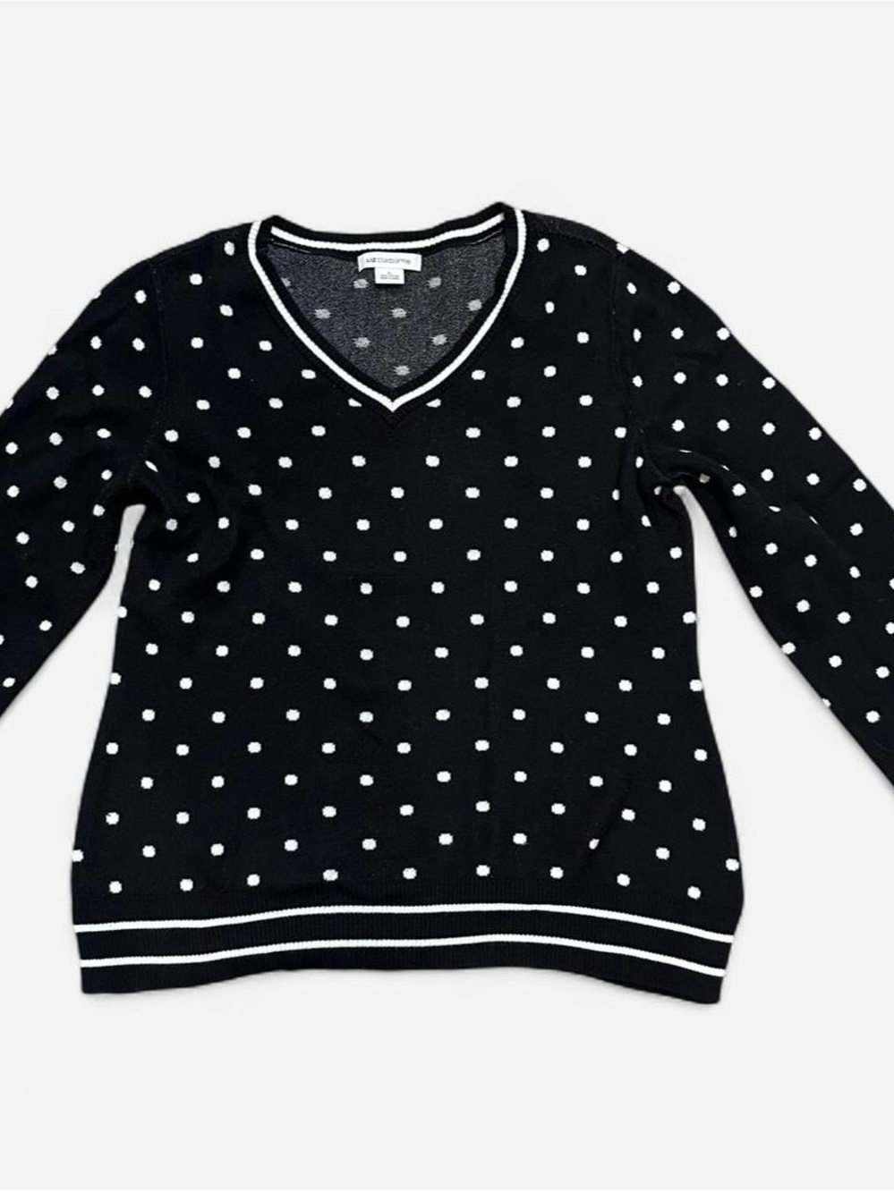Liz Claiborne Black V-Neck Polka Dot Sweater 100% Cotton Size Large